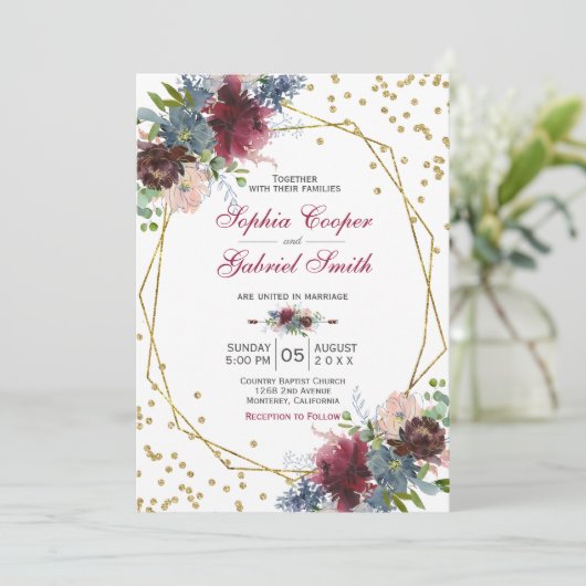Burgundy Navy Pink Floral | Gold Frame Wedding Einladung (Stehend Vorderseite)