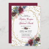 Burgundy Navy Pink Floral | Gold Frame Wedding Einladung (Vorne/Hinten)