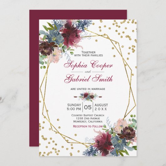 Burgundy Navy Pink Floral | Gold Frame Wedding Einladung (Vorne/Hinten)