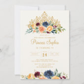 Burgundy Navy Princess Floral Tiara Birthday Einladung (Vorderseite)