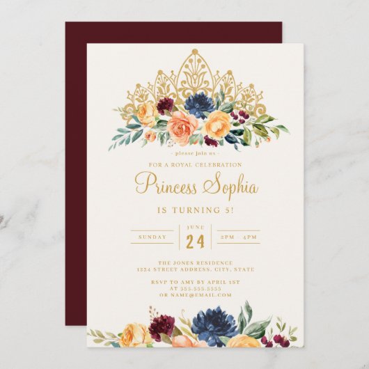 Burgundy Navy Princess Floral Tiara Birthday Einladung (Vorne/Hinten)