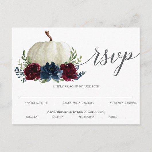 Burgundy Navy Pumpkin Wedding RSVP Postcard Postkarte (Vorderseite)