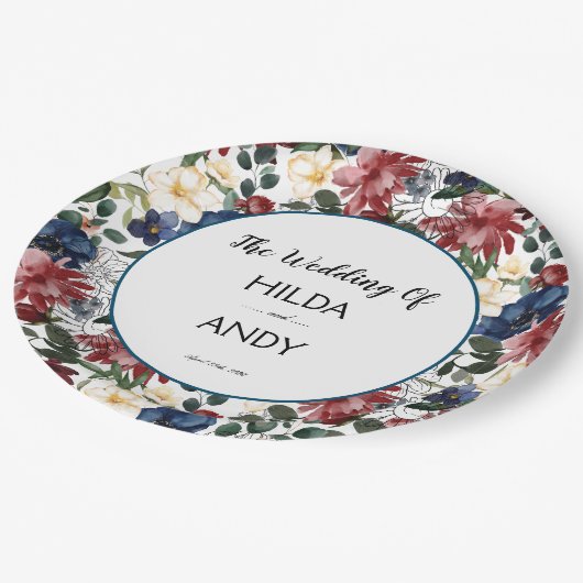 Burgundy Navy-Rose Pappteller (Schrägansicht)