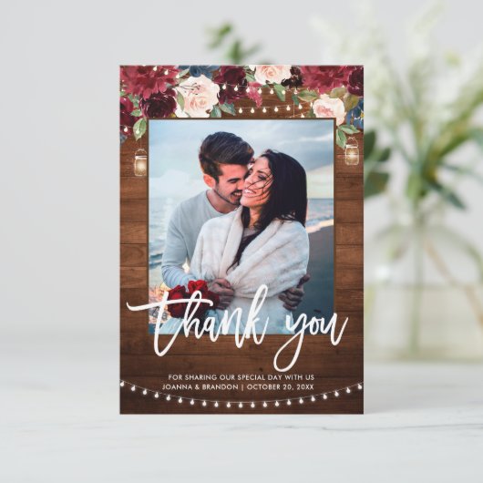 Burgundy Navy Rustic String Light Wedding Dankeskarte (Stehend Vorderseite)