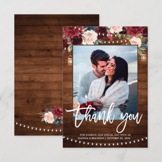 Burgundy Navy Rustic String Light Wedding Dankeskarte (Vorne/Hinten)