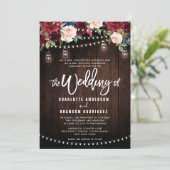 Burgundy Navy Rustic String Light Wedding Einladung (Stehend Vorderseite)