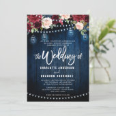 Burgundy Navy Rustic String Light Wedding Einladung (Stehend Vorderseite)