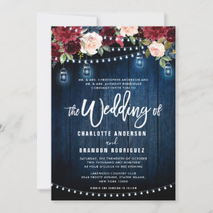 Burgundy Navy Rustic String Light Wedding Einladung