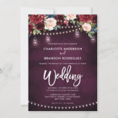 Burgundy Navy Rustic String Light Wedding Einladung (Vorderseite)