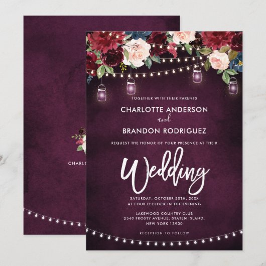 Burgundy Navy Rustic String Light Wedding Einladung (Vorne/Hinten)