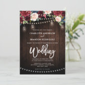 Burgundy Navy Rustic String Light Wedding Einladung (Stehend Vorderseite)