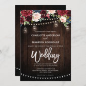 Burgundy Navy Rustic String Light Wedding Einladung (Vorne/Hinten)