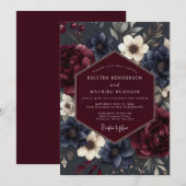 Burgundy Navy Somber Flora Wedding Einladung (Vorne/Hinten)