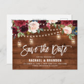 Burgundy Navy String Light Mason jar Save the Date Postkarte (Vorne/Hinten)