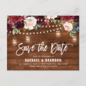 Burgundy Navy String Light Mason jar Save the Date Postkarte (Vorderseite)