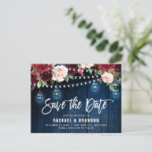 Burgundy Navy String Light Mason jar Save the Date Postkarte (Stehend Vorderseite)