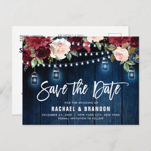 Burgundy Navy String Light Mason jar Save the Date Postkarte (Vorne/Hinten)