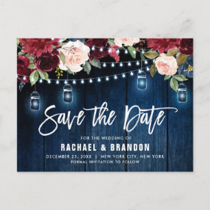Burgundy Navy String Light Mason jar Save the Date Postkarte