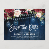 Burgundy Navy String Light Mason jar Save the Date Postkarte (Vorderseite)