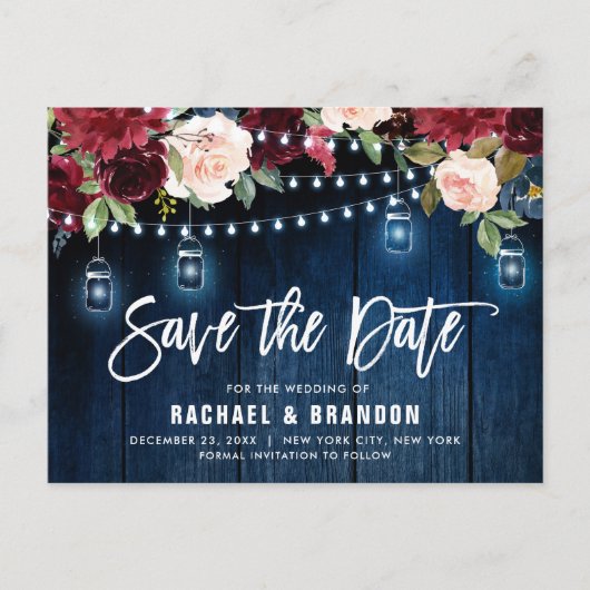 Burgundy Navy String Light Mason jar Save the Date Postkarte (Vorderseite)