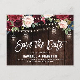 Burgundy Navy String Light Mason jar Save the Date Postkarte