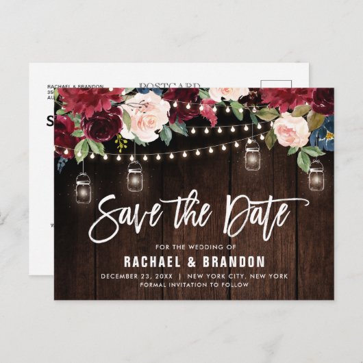 Burgundy Navy String Light Mason jar Save the Date Postkarte (Vorne/Hinten)