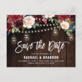 Burgundy Navy String Light Mason jar Save the Date Postkarte (Vorderseite)