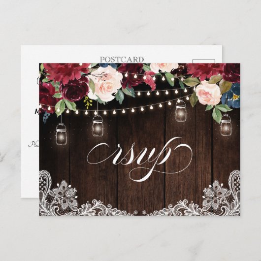 Burgundy Navy String Light Mason jar UAWG Postcard Postkarte (Vorne/Hinten)