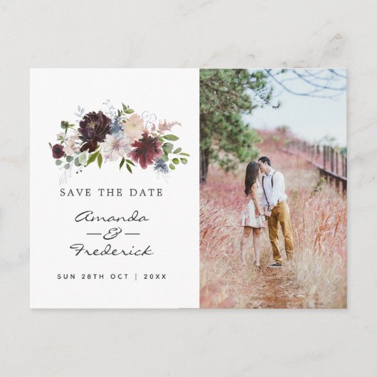 Burgundy Navy und Blush Pink Wedding Save the Date Postkarte (Vorderseite)