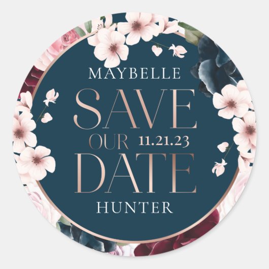 Burgundy & Navy Wasserfarbe Florals Save the Date Runder Aufkleber (Vorderseite)