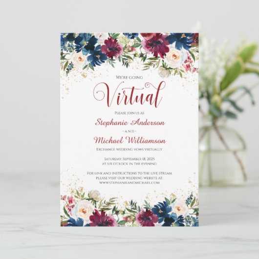 Burgundy Navy Wasserfarben Virtual Wedding Einladung (Stehend Vorderseite)