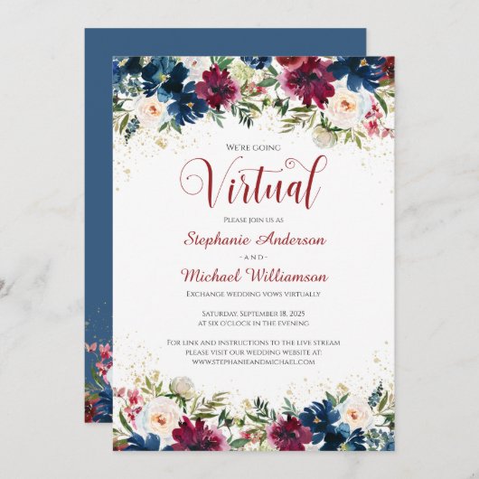 Burgundy Navy Wasserfarben Virtual Wedding Einladung (Vorne/Hinten)