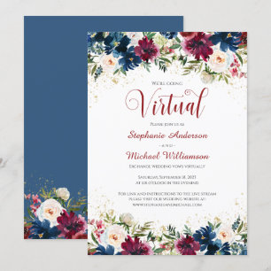 Burgundy Navy Wasserfarben Virtual Wedding Einladung
