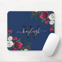 Burgundy Navy Watercolor Floral Name Monogrammed Mousepad