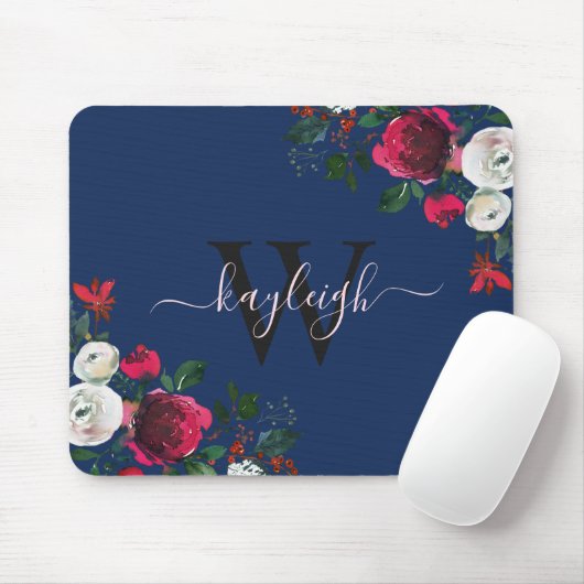 Burgundy Navy Watercolor Floral Name Monogrammed Mousepad (Mit Mouse)