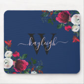 Burgundy Navy Watercolor Floral Name Monogrammed Mousepad (Vorne)