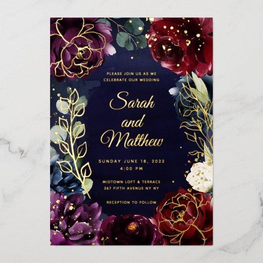 Burgundy Navy Wedding Gold Folieneinladung (Vorderseite)
