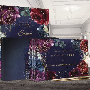 Burgundy Navy Wedding Online RSVP Card Visitenkarte