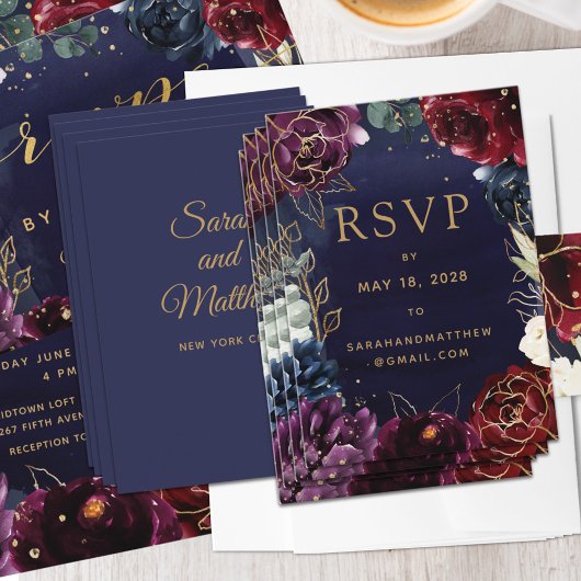 Burgundy Navy Wedding Online RSVP Card Visitenkarte