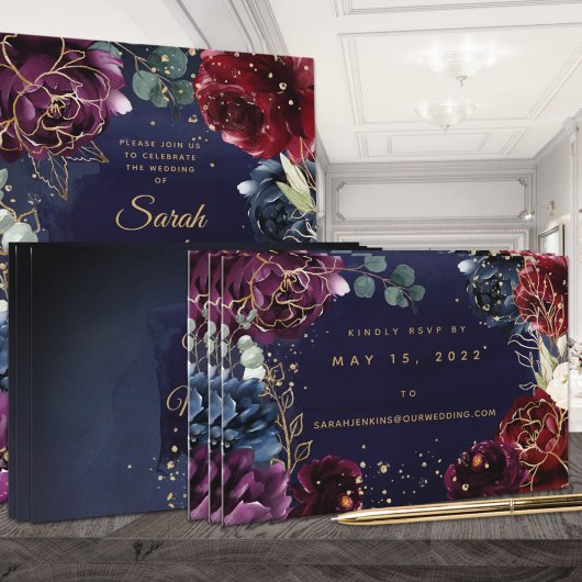 Burgundy Navy Wedding Online RSVP Card Visitenkarte