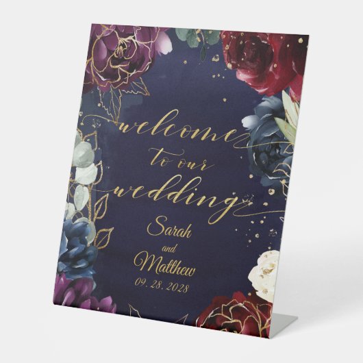 Burgundy Navy willkommen auf unserer Hochzeit II Sockelschild (Vorderseite)