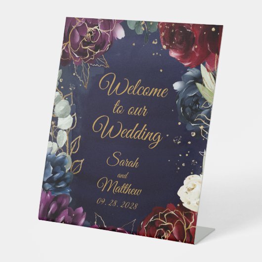 Burgundy Navy willkommen bei unserer Hochzeit Sockelschild (Vorderseite)