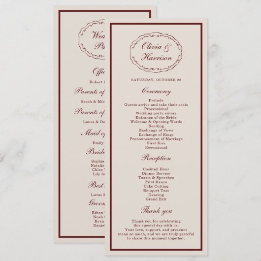 Burgundy Old Money Wedding Program Card Einladung (Vorne/Hinten)