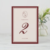 Burgundy Old Money Wedding Table Number Einladung (Stehend Vorderseite)