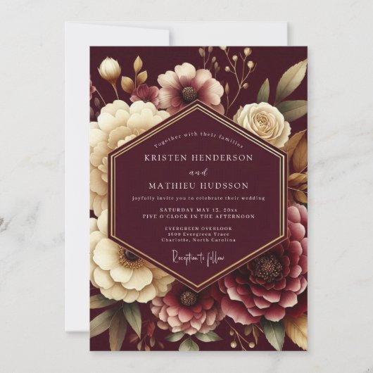 Burgundy Opulent Flora Wedding Einladung (Vorderseite)