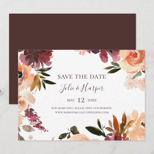 Burgundy Orange Bloral Horizontal Save the Date (Vorne/Hinten)