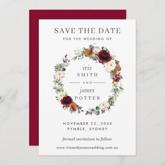 Burgundy Orange Bloral Wedding Save the Date Card Einladung (Vorne/Hinten)