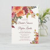 Burgundy Orange Blue Floral Blätter Brautparty Einladung (Stehend Vorderseite)