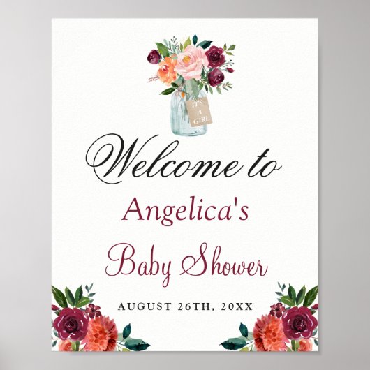 Burgundy Orange Blumenmason Jar Baby Duschzeichen Poster (Vorne)