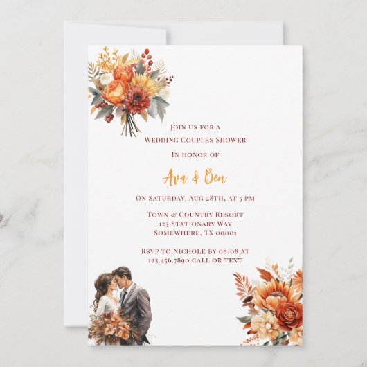 Burgundy Orange Bride Groom Wedding Couples Dusche Einladung (Rückseite)